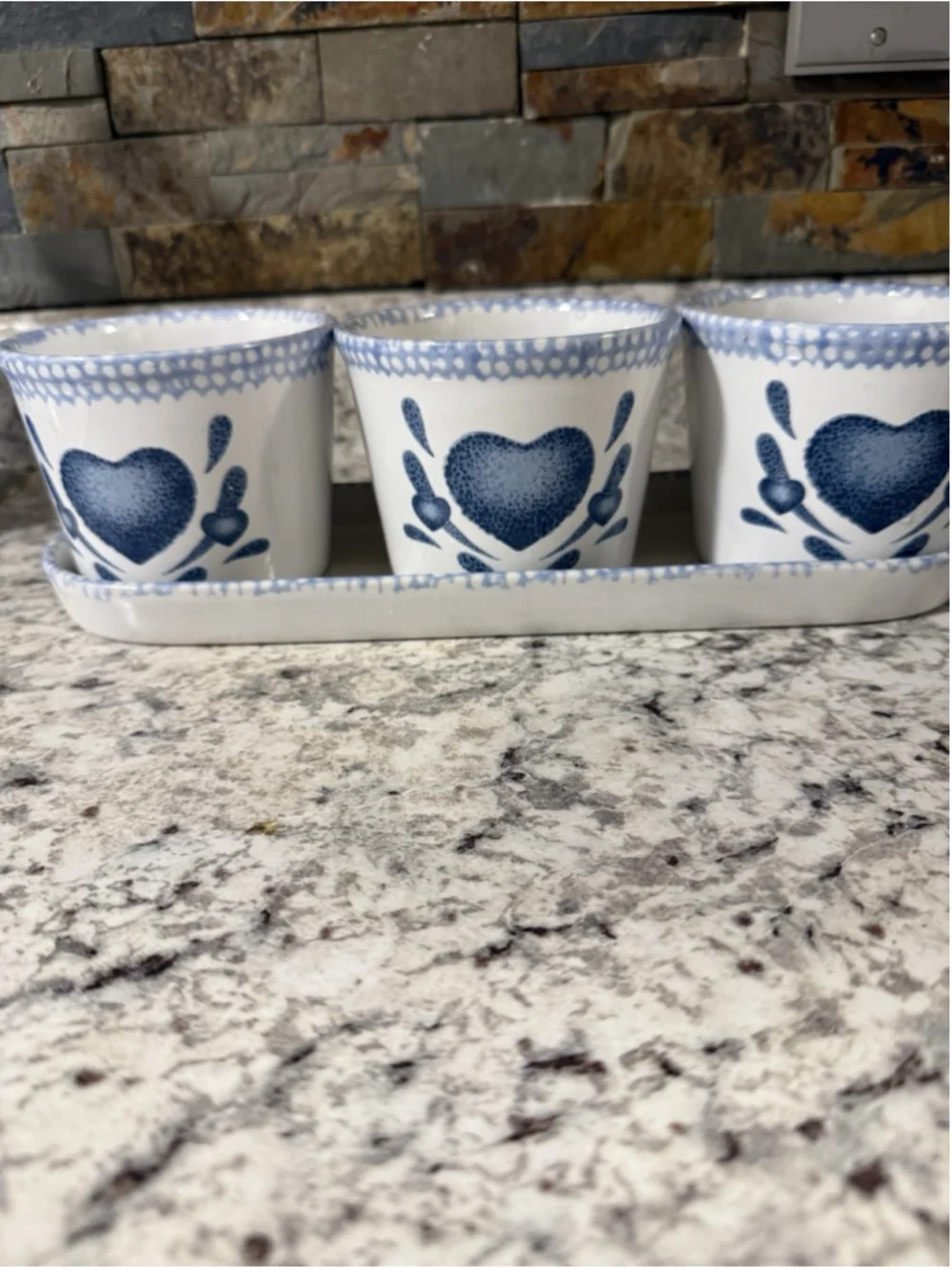 VTG Corning Corelle 3 Blue Heart Ceramic Window Planters with Tray Cottage
